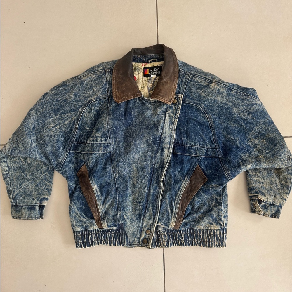 Andy Jones Blue Denim Jacket with Brown leather Details.